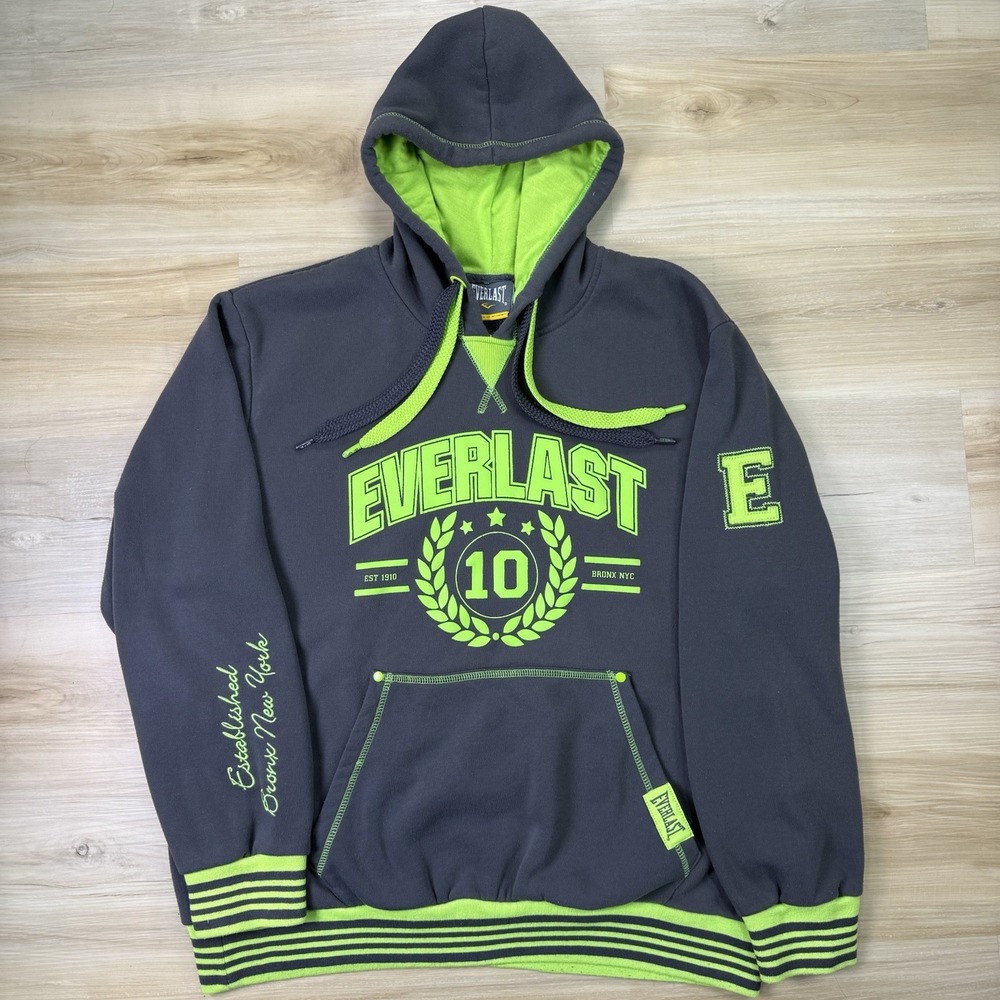 Vintage Everlast Hoodie Sweatshirt Mens 2XL Dark Gray Lime Green Y2K Bronx NYC